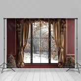 Lofaris Elegant Christmas Window Photography Backdrop Snowy Winter Forest View with Gold Curtains Holiday Portrait Studio Prop